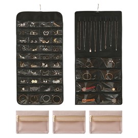 BATHRINS Hanging Jewelry Wall Organizer Set Include Over The Door Jewelry Organizer (48 Jewelry Compartments, 8 Necklaces Hooks) And 3 Travel Jewelry Bags For Sunglasses Earrings Bracelets
