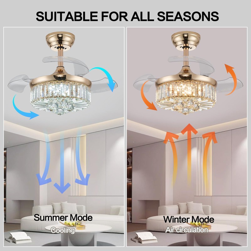 DuMaiWay 30" Golden Chandelier Ceiling Fan with Light Crystal Modern