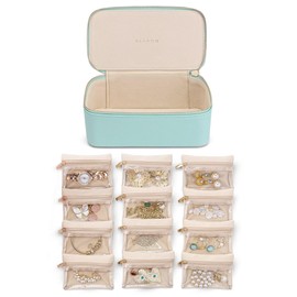 Vlando Jewelry Box Organzier for Travel,12 Pcs Velvet Jewelry Bags,Faux Leather Jewelry Case for Earrings Necklace Rings,Valentine's Day,Birthday, Wedding, Christmas gift Lake Blue