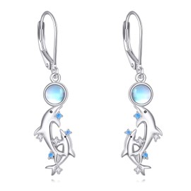 KZX Dolphin Earrings Sterling Silver Moonstone Dolphin Dangle Drop Earrings Ocean Earrings Dolphin Jewelry for Ocean Sea Animal Lover for Women Best Friend