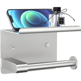Toilet Paper Holder with Phone Shelf, Brushed Nickel Toilet Paper Holder Wall Mount, Toilet Tissue Holder for Bathroom,Rustproof Stainless Steel Toilet Paper Roll Holder.