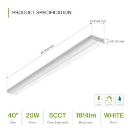 ASD 40 Inch LED Under Cabinet Lighting Hardwired, On/Off Switch, 5 Color Selectable 2700K/3000K/3500K/4000K/5000K CRI90+, Undercabinet Lights for Kitchen, 20W 120V, Dimmable, UL Certified White Finish