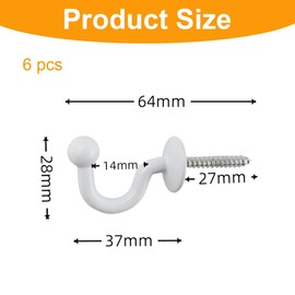 HSIXHAF 6 pieces curtain tieback hooks curtain holder wall metal white U-shaped end curtain holdback wall hooks ball end tieback hooks for curtains home decoration, including mounting sleeve