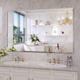 JIINGYO Frameless Bathroom Mirror for Wall, 48"x30" Beveled Bathroom Vanity Mirror, Modern Rectangle Bathroom Mirrors for Bedroom, Entryway, Living Room, Hangs Horizontally or Vertically