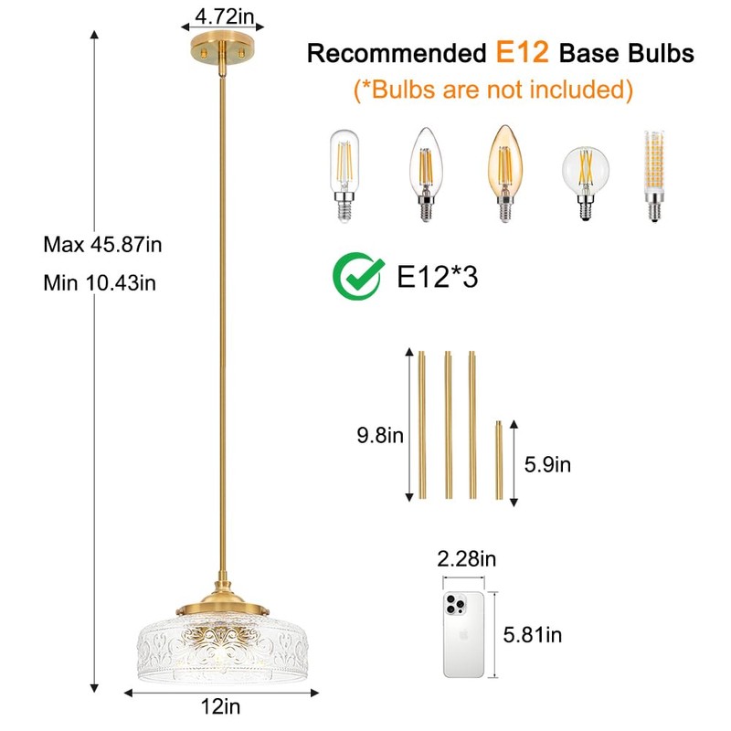 3-Light Adjustable Pendant Lights Kitchen Island, Gold Brushed Metal &