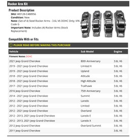 Steel Rocker Arm Kit - 4 Piece - Compatible with 2011-2021 Jeep Grand Cherokee 3.6L V6