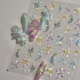 5D Nail Stickers for Nail Art Gradient Flower Nail Stickers Spring Aurora Floral Nail Decals Embossed Self-Adhesive Nail Art Supplies Suitable for Women DIY Summer Manicure Decoration-1 Sheet