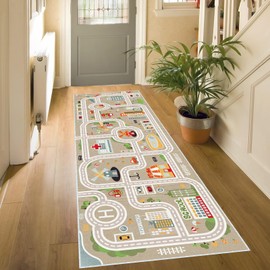 Kids Car Train Rug, 2'6" x 8' Boys Play Carpet, Floor Mat Playmat for Playroom Bedroom Kids Toddler Room，Non Slip Rug Backing (Grey, 2'6" x 8')