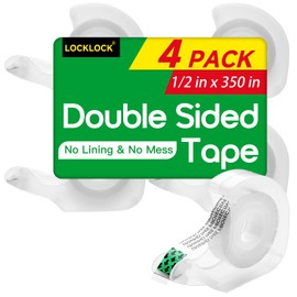 LOCKLOCK Double Sided Tape with Dispenser, 1/2"x 350", 4 Pack, No Lining, No Mess
