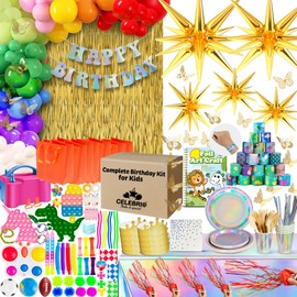 CELEBRIO Make it special Kid's Happy Birthday Decorations Kit - 505-Piece Set with Gold Decor, Tableware, Banner, Party Toys, Balloons, Electric Pump, Gift Bags - Complete Supplies