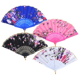 Grevosea 4 Pcs Floral Folding Fans, Vintage Handheld Lace Folding Fan Women Bamboo Fans with Tassel with Different Flower Patterns Fabric Fan for Weddings Dancing Parties and Cosplay