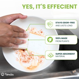 Tieralia Plant-Based Sponges - 6 Pack - 100% Compostable, Non-Scratch, Odor-Free - Made from Wood Cellulose & Sisal for Kitchen Cleaning