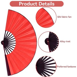 Cyrank Handheld Folding Fans, Chinese and Japanese Silk Hand Held Fans Red Folding Fan Large Folding Fan Vintage Silk Fan Folding Hand Fans for Women Dance Decoration