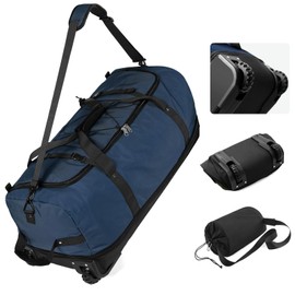 Vomgomfom 32" Soft-Sided Foldable Wheeled Travel Duffel Bag,Expandable 110L to 140L Rolling Cargo Bag with 2 Wheels and Multiple Pockets,Navy