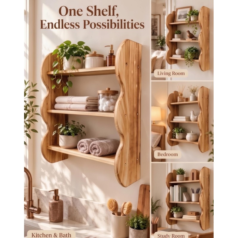 100% Solid Wood 3-Tier Wall Shelf, Rustic Pine, Caramel Finish