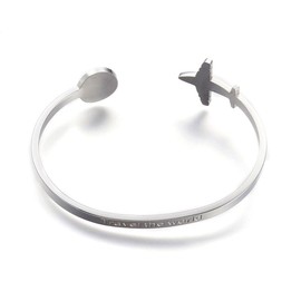 Sadingo Women's Bracelet in Silver | Bangle with Plane and Earth, Women's Bracelet Made of Stainless Steel, Travel The World Bracelet, Adjustable Size, Women's Bangle, Gift for World Travel, Travel