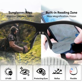 SKYOLUY 2PC Sports Bifocal Reading Sunglasses for Men, Superior TR90 Wrap Around Semi Rimless Design Sun Readers,UV400 Near-Far Sun Glass Built in Outdoor Driving/Finshing Dark Glasses, +2.25