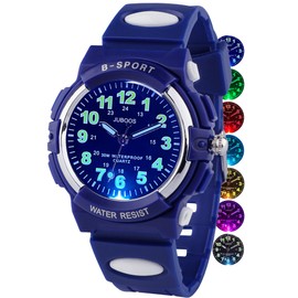 Juboos Kids Watch Analog with 7 Colorful Night Lights Boys Girls Waterproof Soft Strap Kids Time Teaching Quartz Wristwatch for Ages 5-18