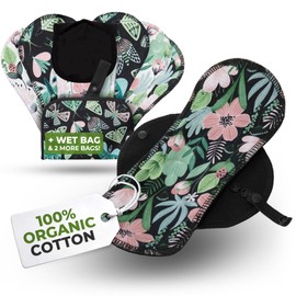 Natissy Reusable Panty Liner, 7-Pack; Medium; Organic Cotton; Plain Black; Black Wings