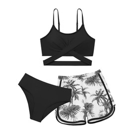 3 Pieces Girls Bikini Set with Shorts Cross Strap Adjustable Spaghetti Strap Beach Bathing Suit Swimwear