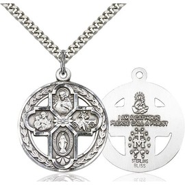 Extel Silver Catholic 4 Way Cross Pendant Necklace, Cruciform Cross Center Circle, Made in USA