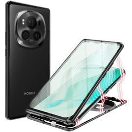 ANFAIRLACE Case Compatible with Honor Magic 6 Pro, Magnetic Adsorption 360 Protection Front Back Tempered Glass Aluminum Frame Cover Shockproof Transparent Case, Black