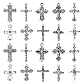 Ornazy 100 pcs 10 Styles Tibetan Cross Charms Antique Silver Religious Charms Vintage Crucifix Dangle Charms for DIY Necklace Bracelet Jewellery Findings