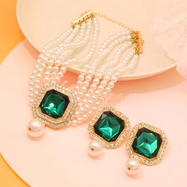 Pearl Choker Necklace for Women Gold Crystal Rhinestone Pearl Collar Statement Necklaces Earrings Bridal Pearls Diamond jewelry Set for Wedding