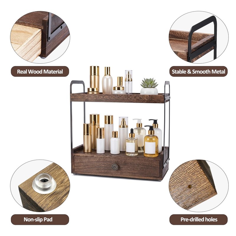 2-Tier Bathroom Counter Organizer with Drawer, Wooden Vanity Countertop Organizer