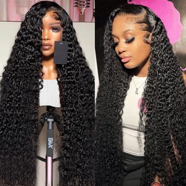 Deep Wave Lace Front Wigs Human Hair 13x6 HD Transparent Lace Frontal Human Hair Wigs for Black Women 100% Real Curly Human Hair Wigs Pre Plucked with Baby Hair 180% Density (Black, 34 inch)