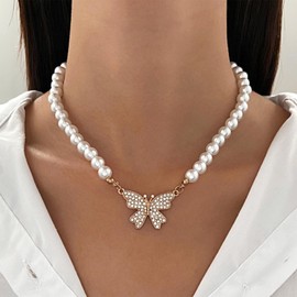 Aneneiceera Boho Crystal Butterfly Pearl Choker Chain Gold Pave Rhinestone Butterfly Pendant Necklace Baroque Pearl Beads Strand Choker Necklace Charm Aesthetic Jewellery for Women, Metal Material,