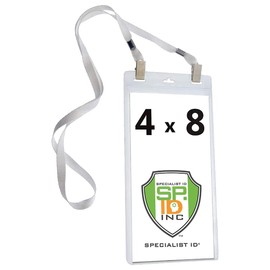 Bulk 25 Pack - 4 x 8 Inch Extra Large Ticket & Event Credential Badge Holders with Double Sided Lanyards with Two Bulldog Clips, by Specialist ID (White)
