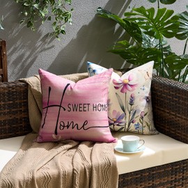 Set of 4 Cushion Covers 45 x 45 cm Cushion Covers Waterproof Spring Summer Sofa Cushion Farmhouse Decorative Cushion Linen Cushion Flowers and Birds Decor Cushion Cover for Outdoor Balcony Patio