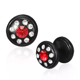 Mystic Steel Jewelry 10mm Black Anodized Stainless Steel Fake Ear Plug Light Red CZ Pair EES113