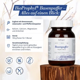 BioProphyl® Base Buffer with Basic Minerals as Citrate - Calcium, Potassium, Magnesium and Zinc + Nettle and Dandelion Powder - 150 g Powder (30 Servings of 5g) - 100% Vegan