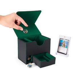 Venssu Card Deck Box for MTG Commander, Mtg Deck Box for Commander Display,Fits 100 Double-Sleeved Cards, 35pt Card Brick, Dice Tray and Dice Tower (Black and Green)