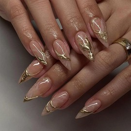 Almond False Nails Medium - 24 Pcs Press On Nails - Full Cover Golden 3D pattern Oval Stick On Nails - French Fake Nails for Women and Girls Nail Art - for Women Daily Wedding Wear