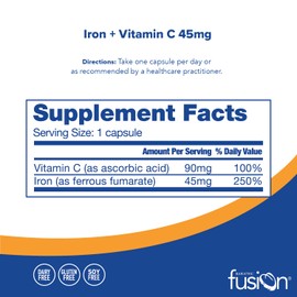 Bariatric Fusion Iron Supplement 45mg with Vitamin C | 1 Per Day | Vitamins for Women and Men | Gluten, Dairy and Soy Free | Non-GMO | 60 Count