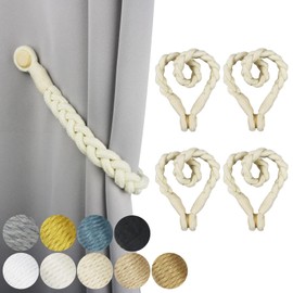 Porlau 4 Pack Beige Magnetic Soft Curtain Tiebacks Cotton Hand-Woven Tieback Holdback Home Decorative Tie Backs with Wooden Buckle for Home Office Decor