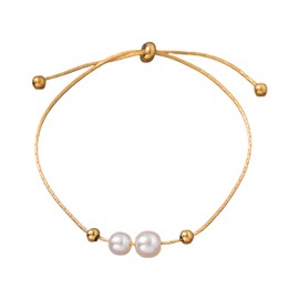 Hand Chain Bracelet, Gold Bracelets For Women Pull Rope Freshwater Pearl Heart Shaped Non Tarnish Cute Stackable Adjustable Stainless Steel Jewelry Gift (Gold White Pearl)