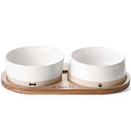 LE TAUCI PET Ceramic Dog Bowls for Medium and Small Dogs - 3.2 Cup Weighted Non-Slip Food and Water Bowls with Acacia Wood Tray, Pet Bowl Set of 2