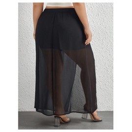 BEAUDRM Women's Plus Size Split Thigh Sheer Mesh Skirt High Waisted Summer Beach Long Skirts Black 4X-Large Plus