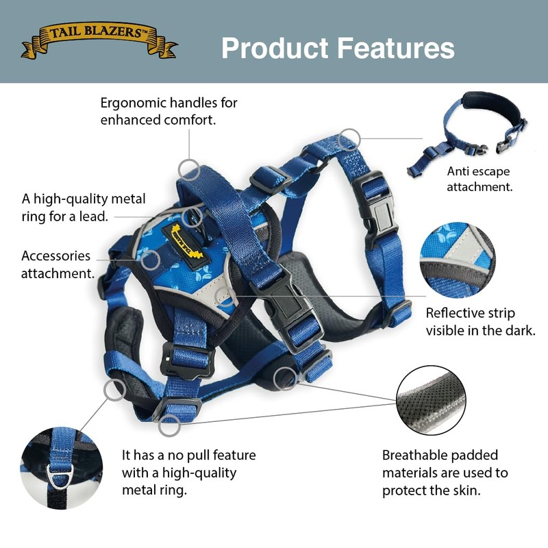 Tail Blazers Anti-Escape Dog Harness. Adjustable No Pull, Reflective, Breathable,