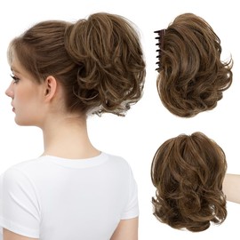 youngways Claw Clip Short Ponytail Messy Bun Hair Piece Bendable Hair Branch Extensions Fluffy Wavy Curly Synthetic Versatile Chocolate Hairpieces