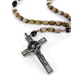 Genuine Made in Italy Rosary Necklace Blessed by Pope Francis Saint Benedict Medal Cross perfect for car mirror Rosarios catolicos para hombre Patron of Students Christian Values (Light Brown)