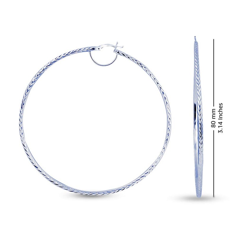 925 Large Sterling Silver Diamond-Cut Hoop Earrings Italian Design Click-Top