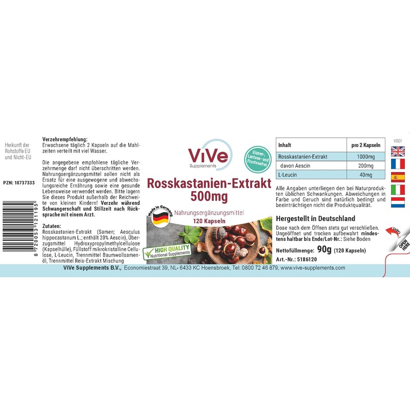 Horse Chestnut Extract, 500 mg, 120 Capsules, Standardized Extract with