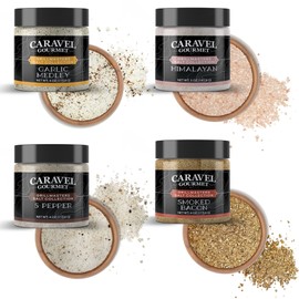 Grill Seasoning Set - Sea Salt Seasoning Gift for Men - Smoked Bacon, Himalayan, 5 Pepper and Garlic Flavored Sea Salts, Makes a Great Grilling Gift for Dad, Chef Jars - Caravel Gourmet Salt Grillmaster Collection