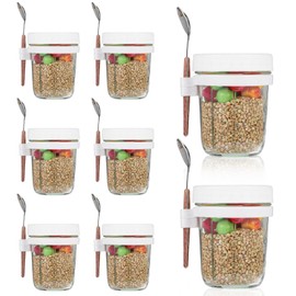 8 Pcs 10 oz Overnight Oats Containers with Lids and Spoons Large Capacity Airtight Oatmeal Overnight Oat Jars with Measurement Marks Oatmeal Container for Milk Cereal Fruit (White)