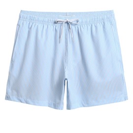 maamgic Mens Boys 80s 90s Vintage 4 Way Stretch Swim Trunks with Mesh Lining Quick Dry Swim Suits Board Shorts Thin Blue Stripe Medium